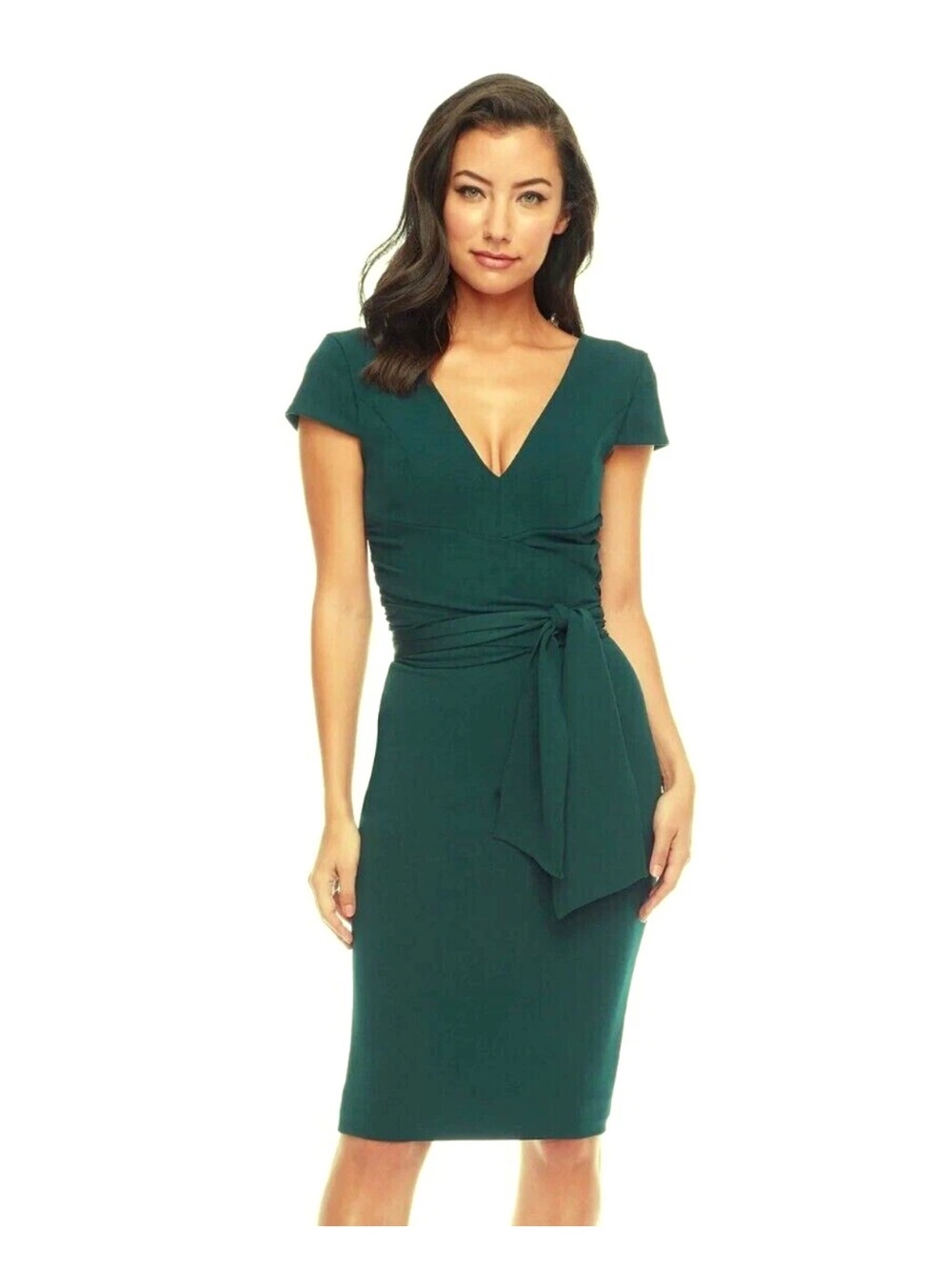 Dress the Population Deep Green V-Neck Tie-Waist Midi Cocktail Dress